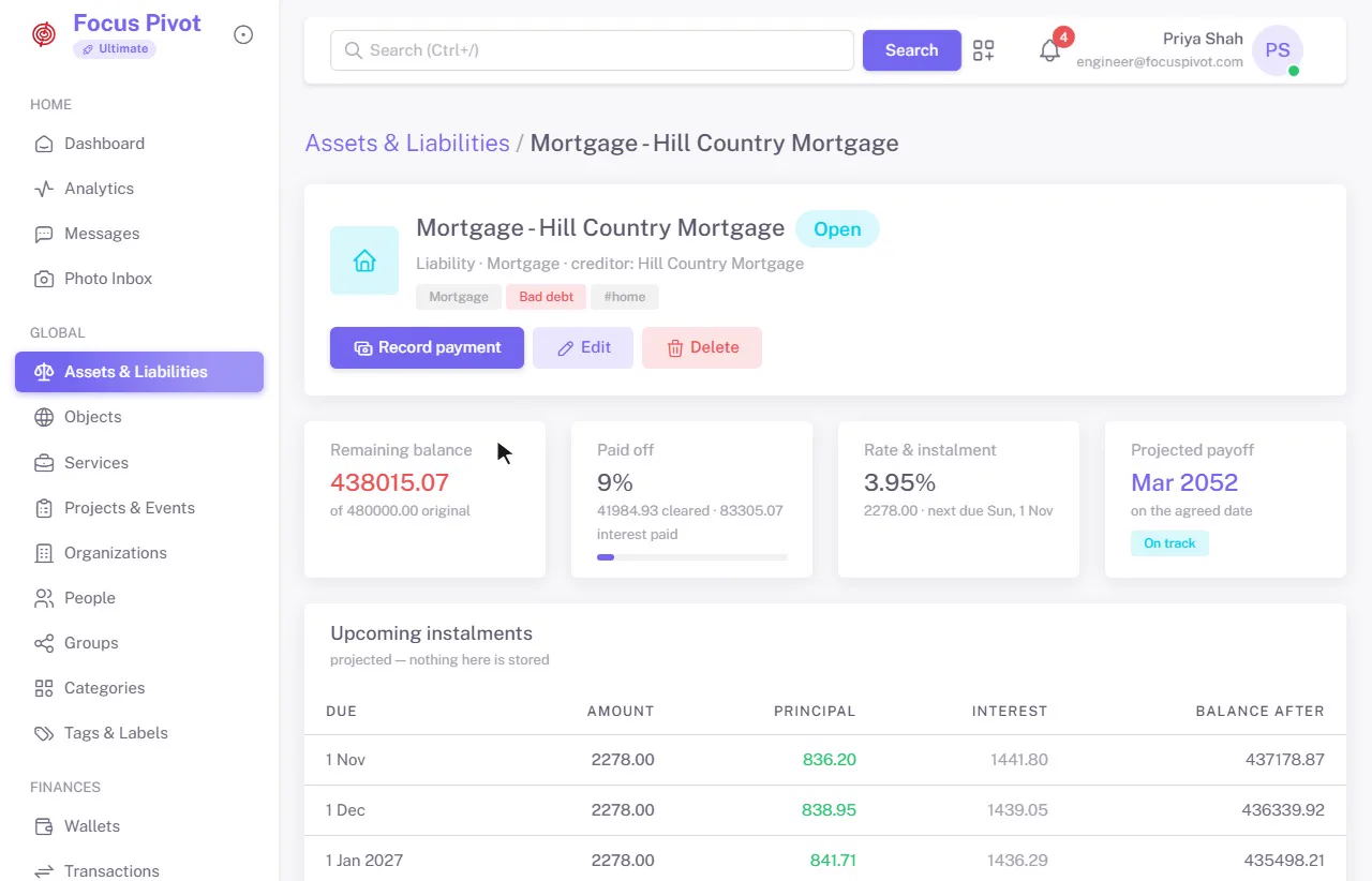 Assets & Liabilities on an example account: total assets, total liabilities and net worth, the assets and the loans, then the mortgage with its remaining balance, payoff date and the next instalments split into principal and interest