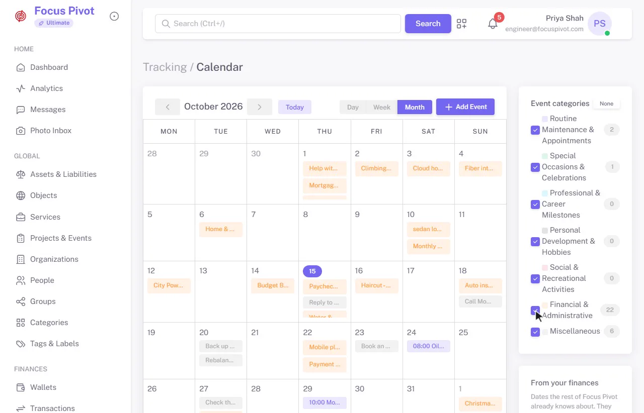 Calendar on an example account