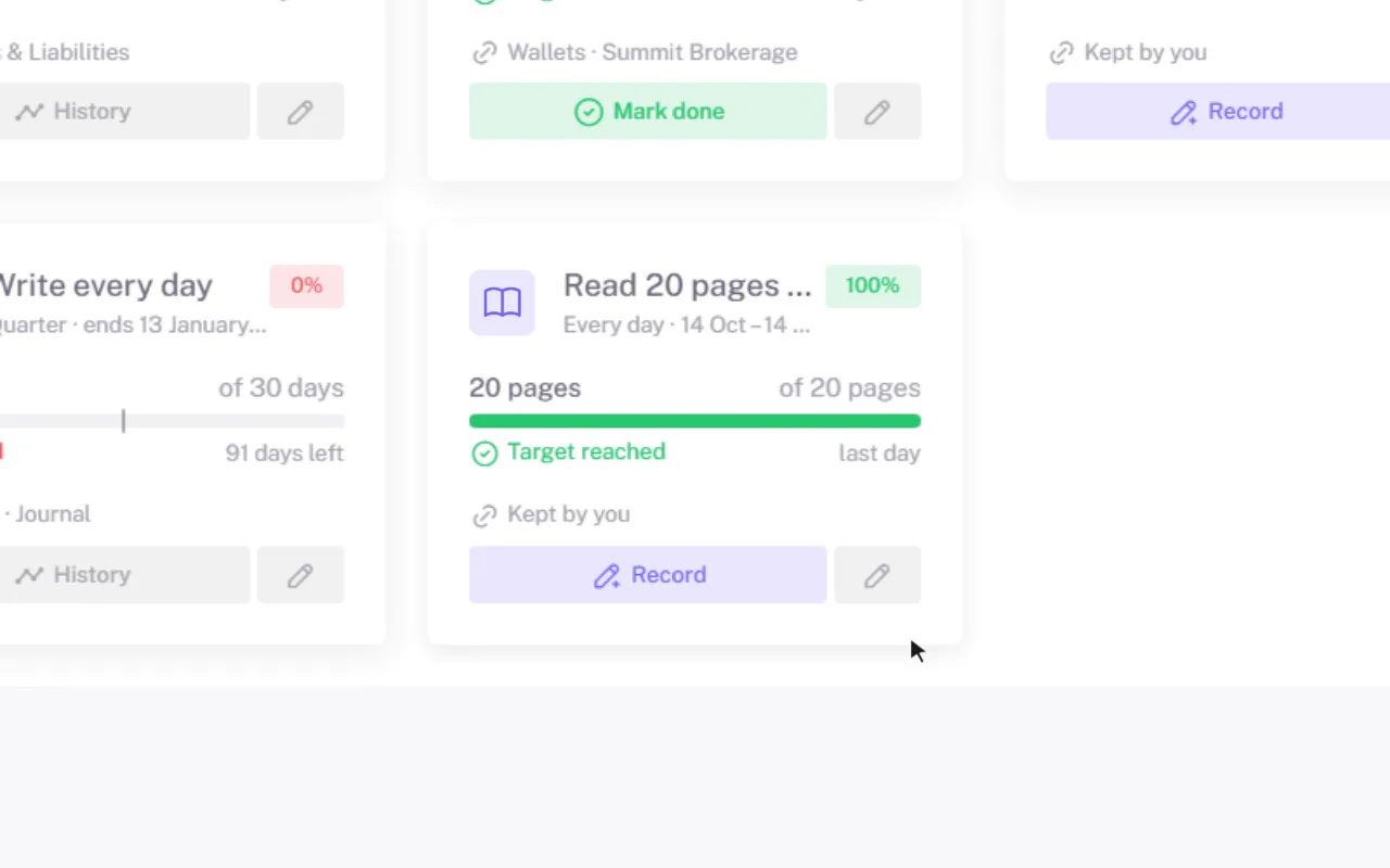 On an example account: browsing the goal gallery by area (money, health and fitness, mind and learning), then writing a goal of one's own - Read 20 pages of a book, every day, measured in pages - recording 20 pages, and the goal reaching its target