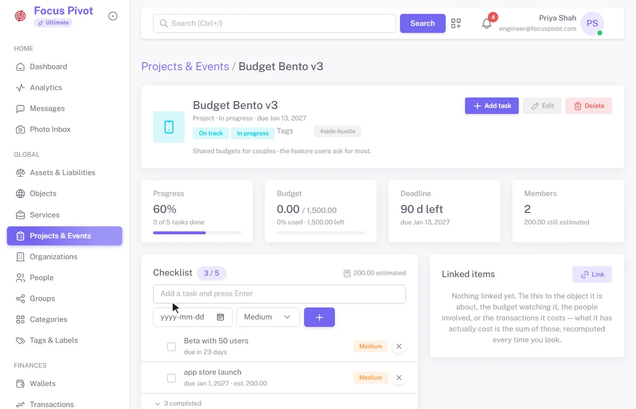 Projects & events on an example account