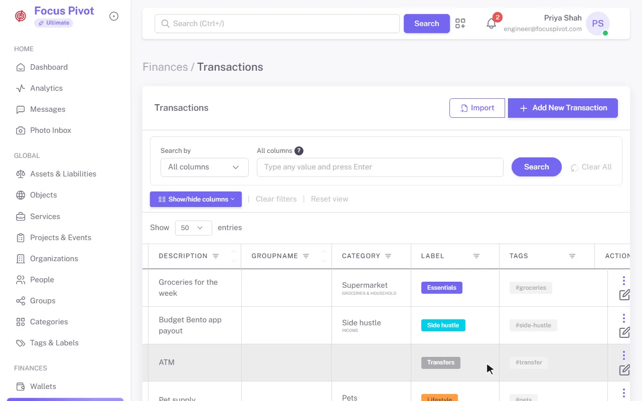 Adding an expense on an example account: the kind is picked, the amount, description and category filled in, the tag #groceries and the label Essentials added, then saved - and the new row in the transactions table with its category, label and tag