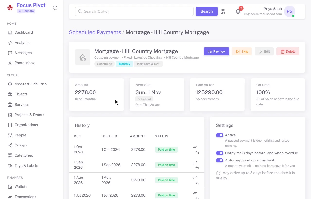 Scheduled Payments on an example account: past due, due today, next seven days and the monthly total, the outgoing payments and the expected income, then the mortgage's history - every payment on time - and its reminders