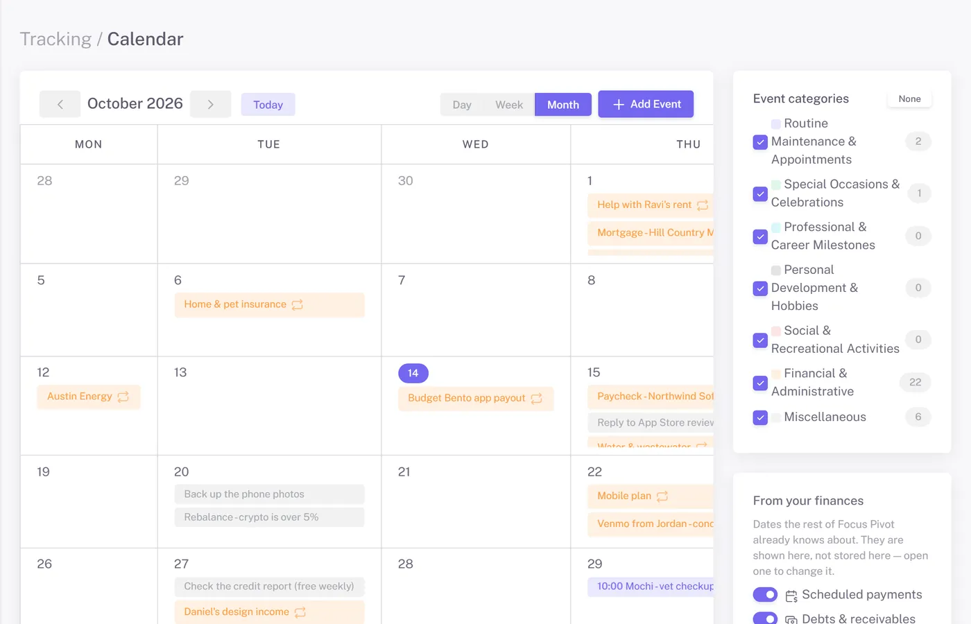 Calendar on an example account