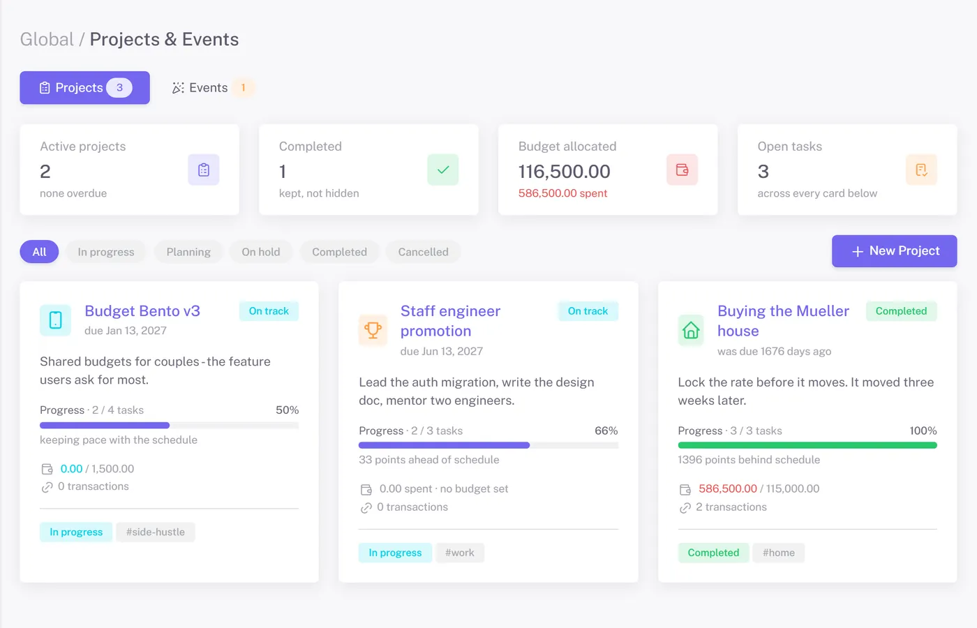 Projects & events on an example account