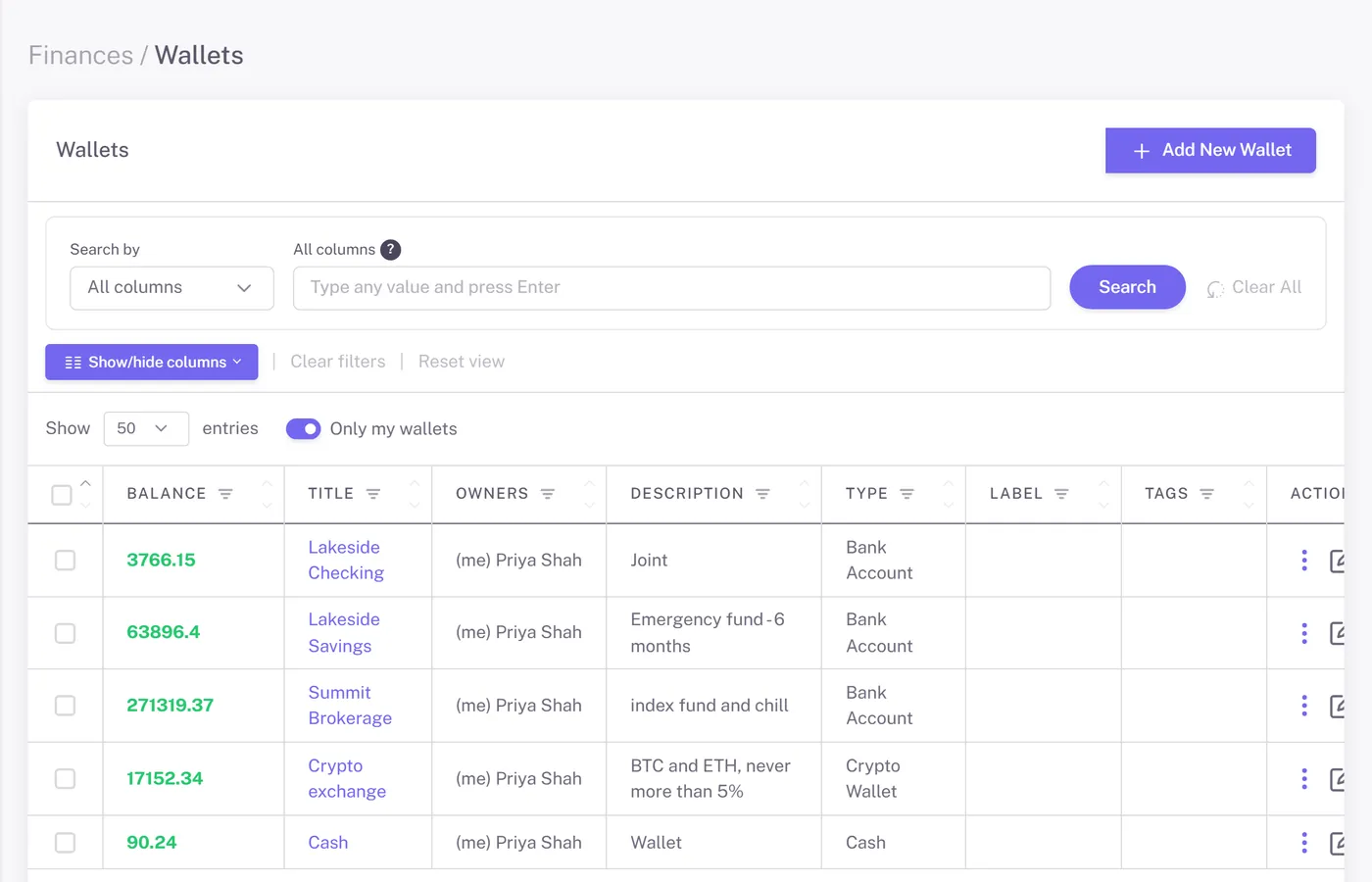 Wallets on an example account