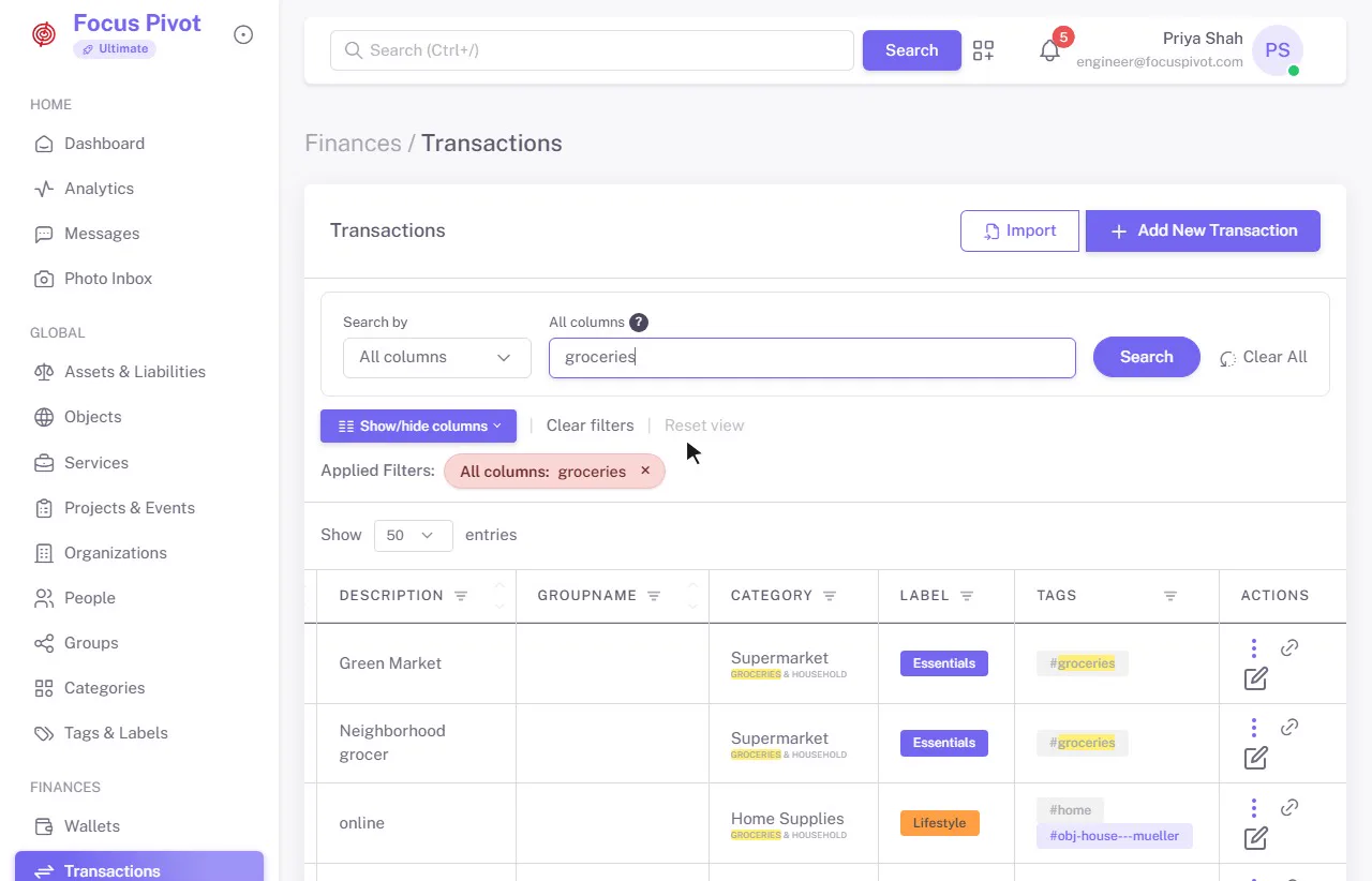 Transactions on an example account