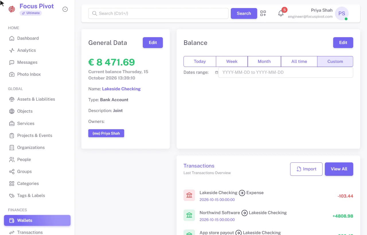 Wallets on an example account